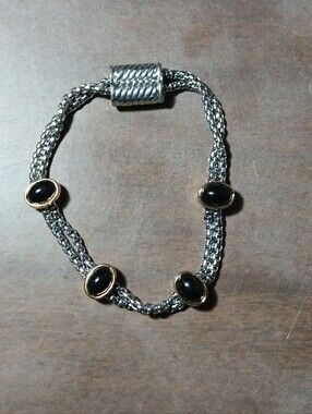 Silver Tone Bracelet With black onyx stones magnetic clasp